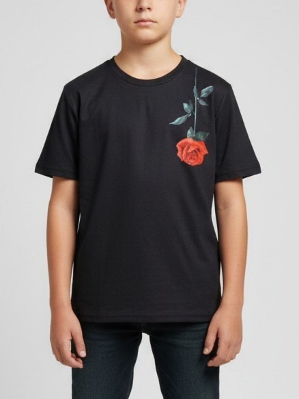 SHEIN Black Short Sleeve Tee with Red Rose Graphic
